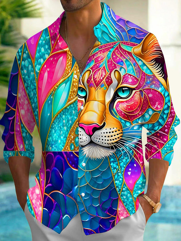 Men's colorful cheetah long sleeve shirt front view