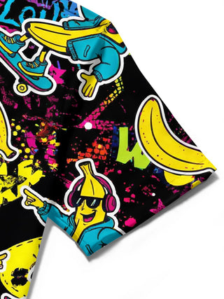 men banana skateboard print pocket short sleeve shirt close-up stitching detail