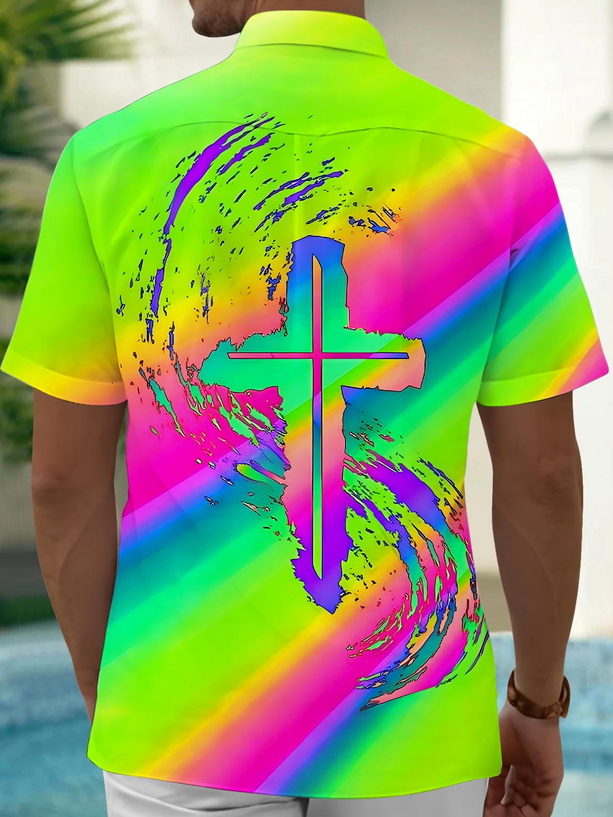 Religion Cross Tie Dye Men's Pocket Short Sleeve Shirts
