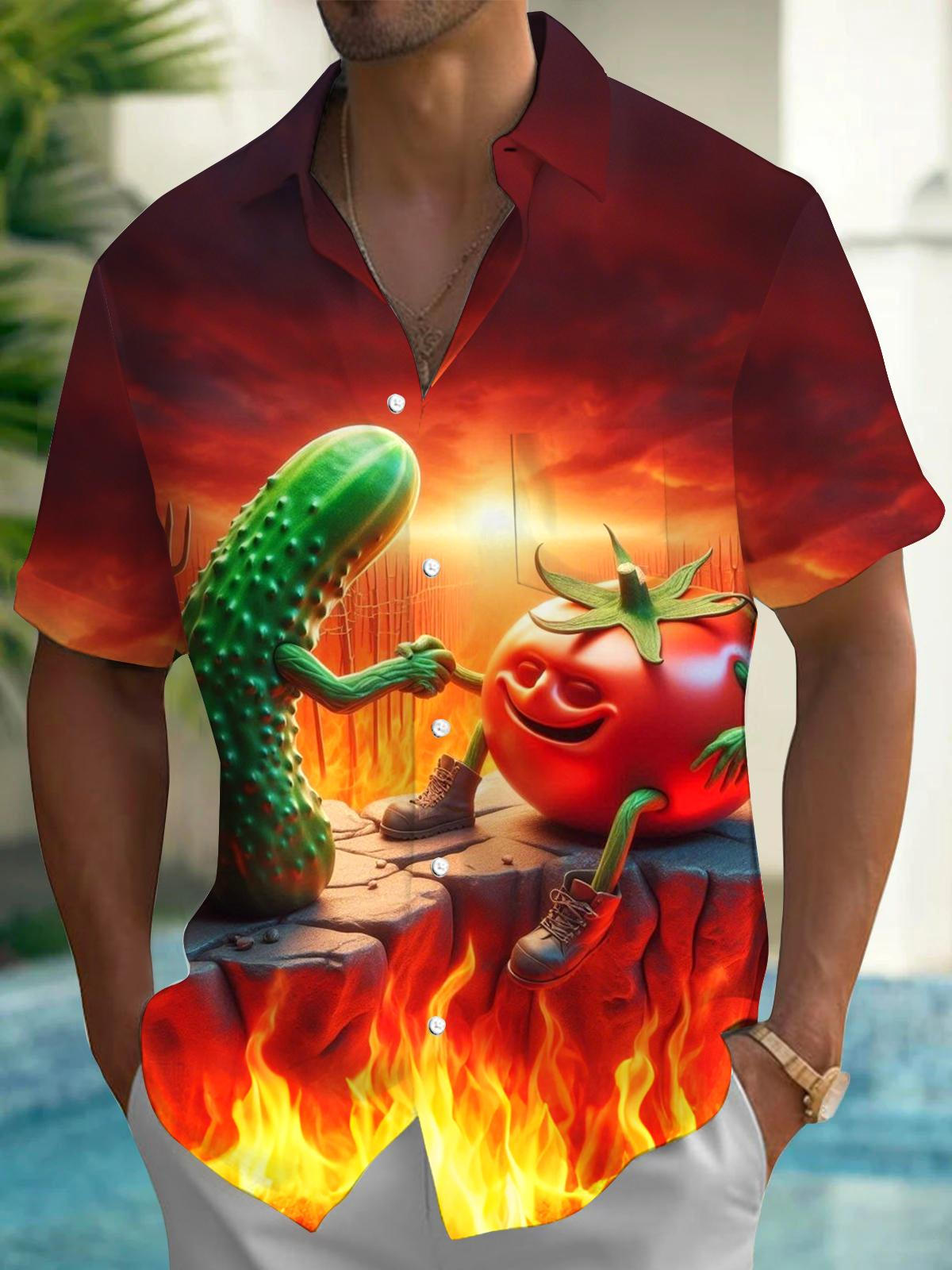 Funny Tomato Cucumber Print Men's Pocket Short Sleeve Shirts