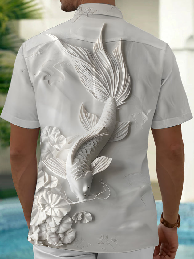 Men's short sleeve shirt with fish art print, side view showing nautical ocean pattern