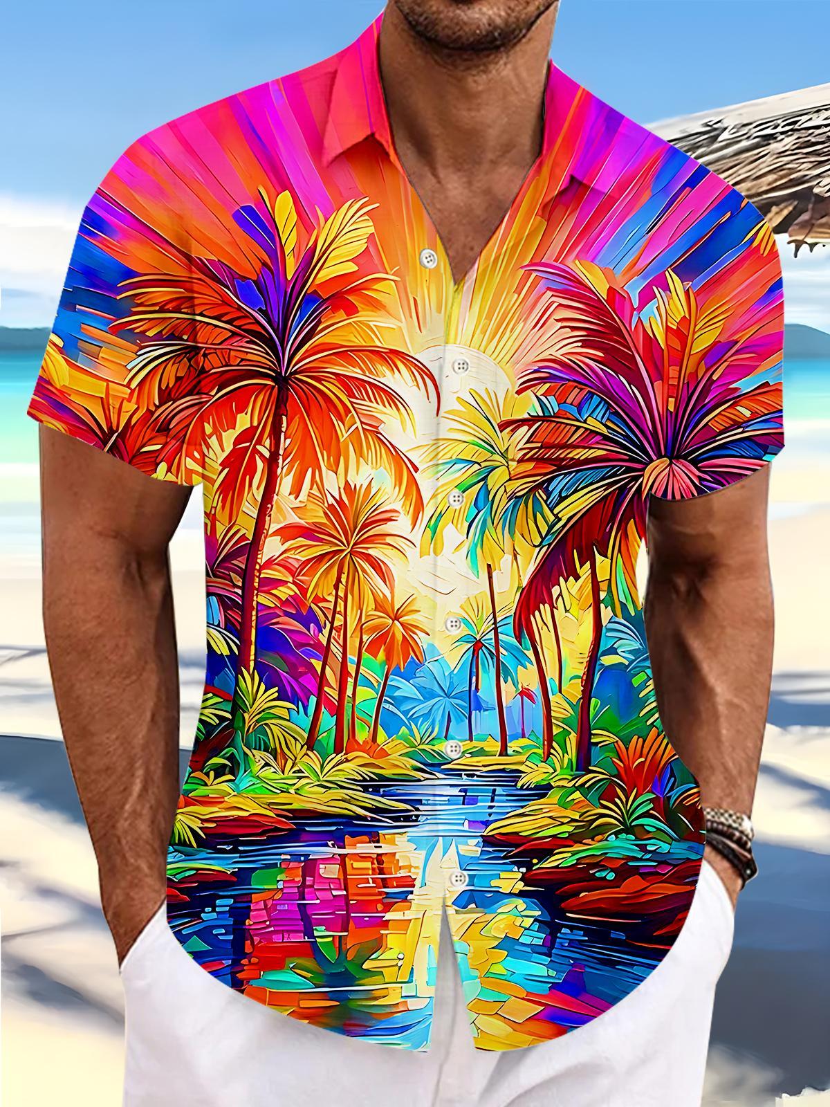 Colorful Hawaiian Neon Palm Tree Beach Sunset Watercolor Men's Pocket Short Sleeve Shirts
