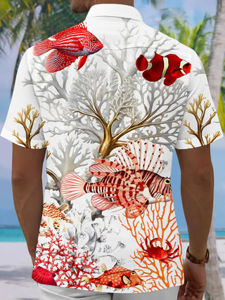 Men's Hawaiian ocean fish print pocket short sleeve shirt back view