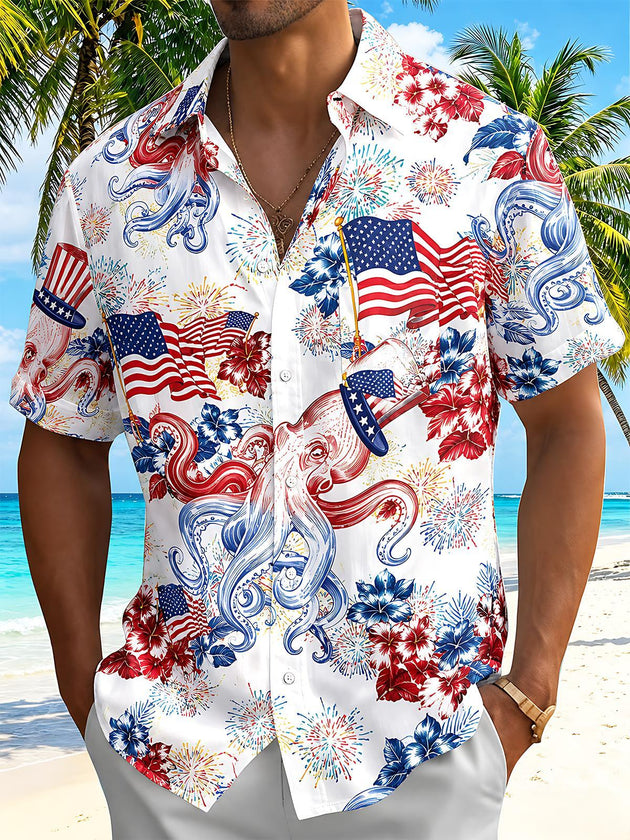 American Flag Octopus Firework Independence Day Men's Pocket Short Sleeve Shirts