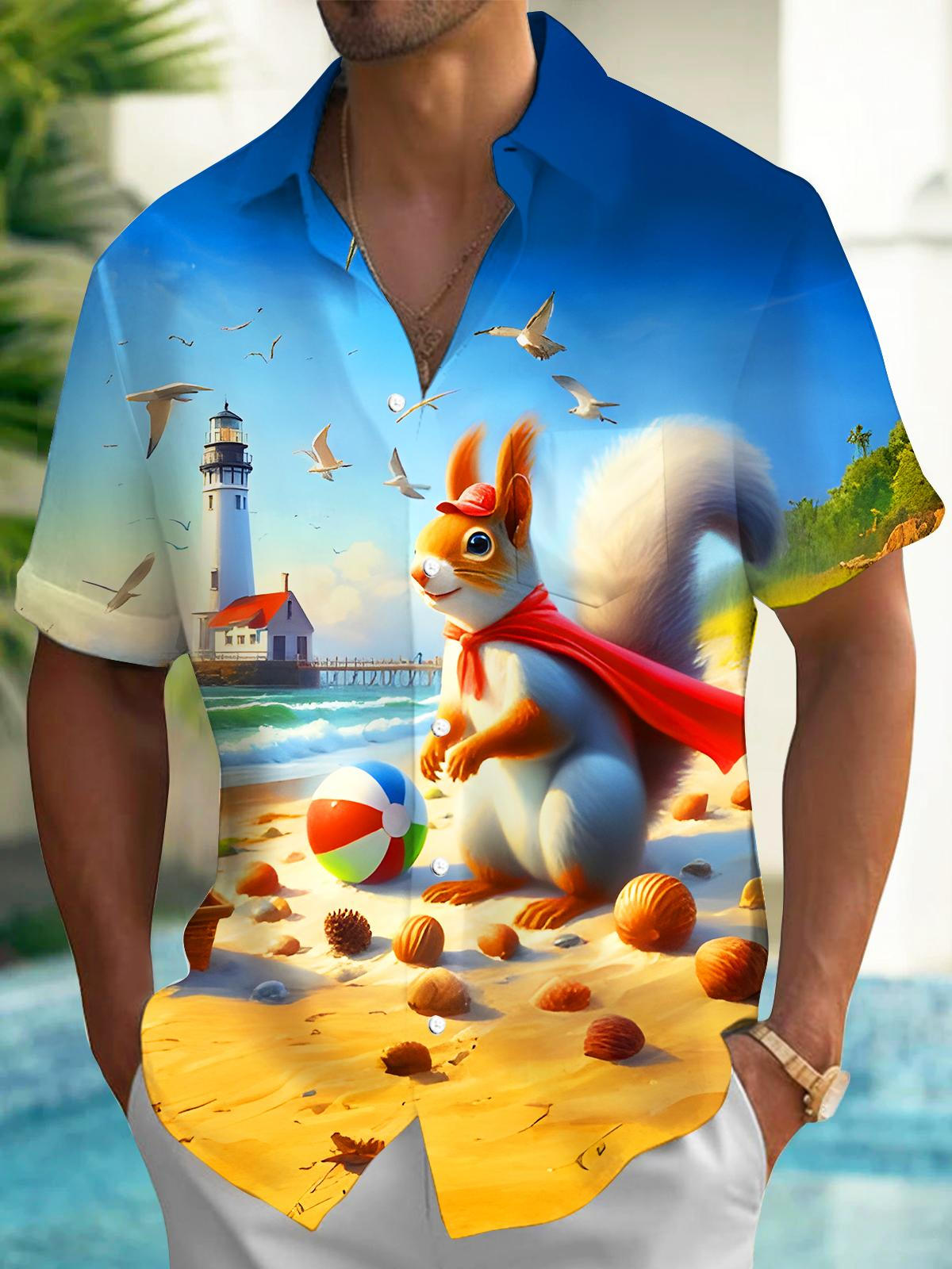 Fun Squirrel Beach Volleyball Lighthouse Men's Pocket Short Sleeve Shirts