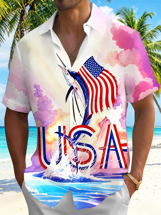 men's fish print shirt front view Independence Day