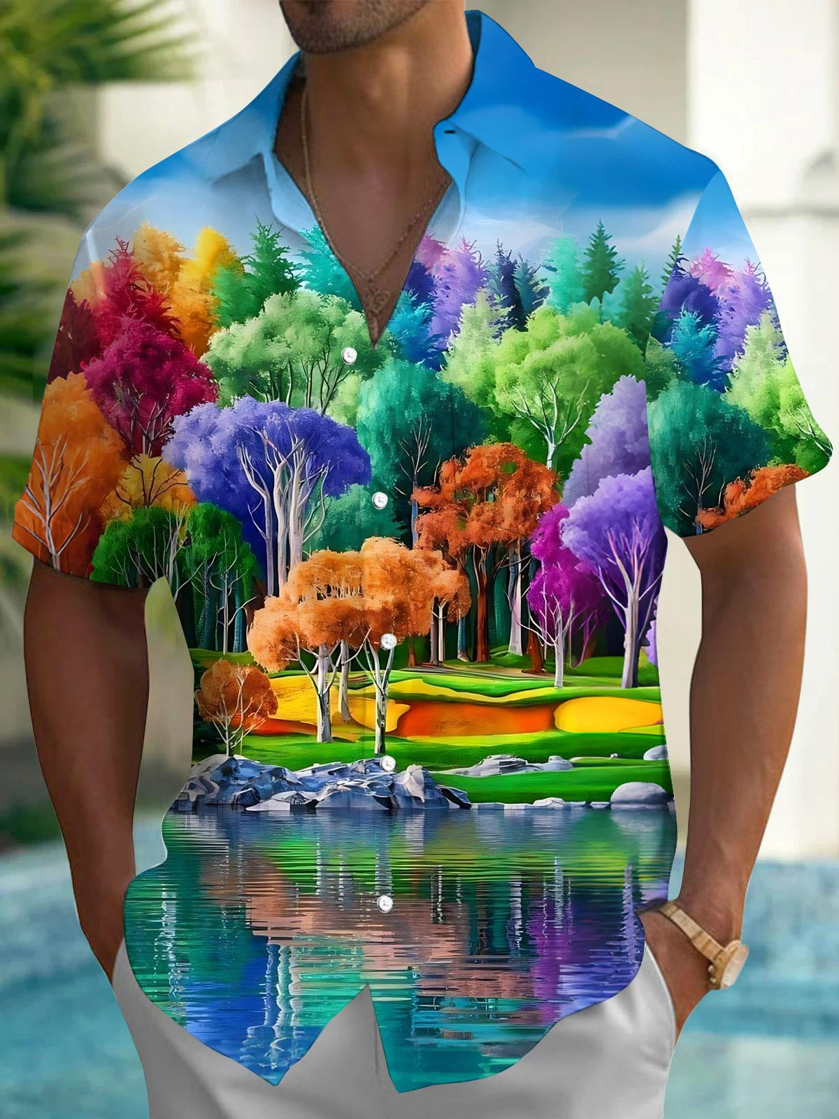 Colorful Tree Print Men's Pocket Short Sleeve Shirts