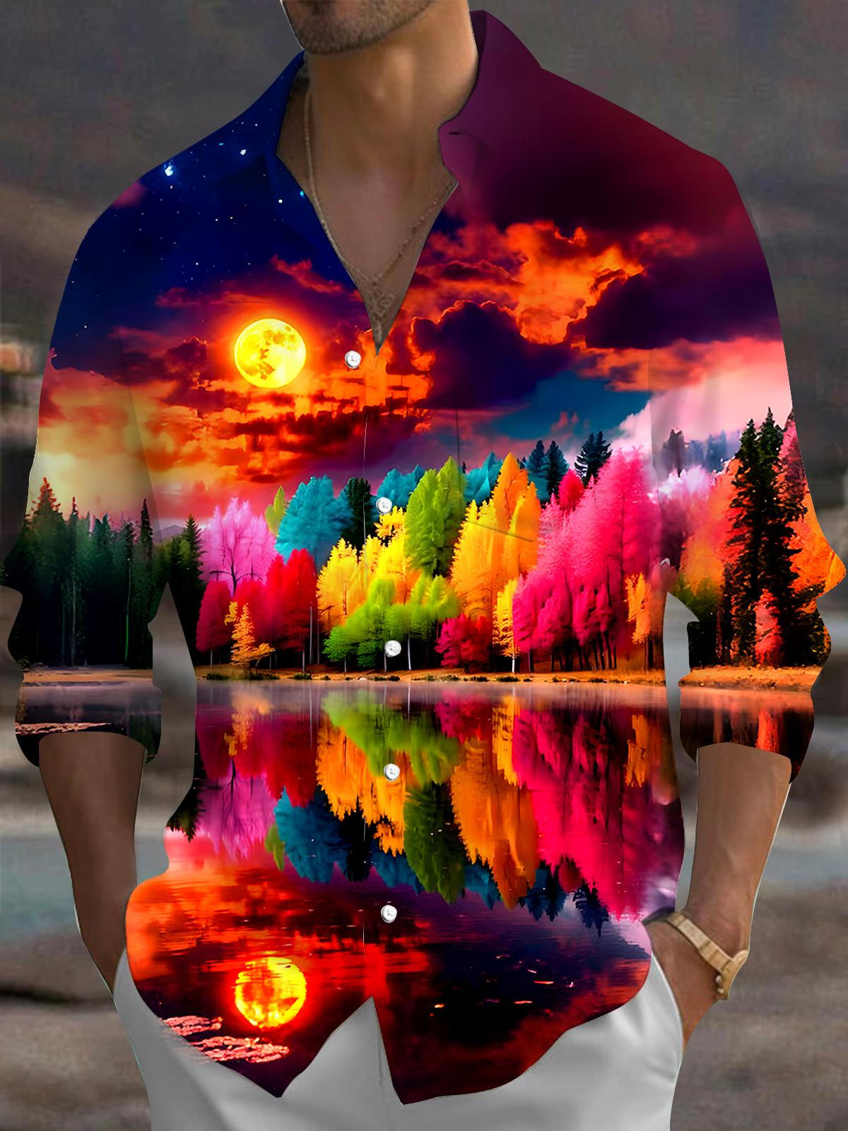 Autumn Forest Park Tree Men's Pocket Long Sleeve Shirts