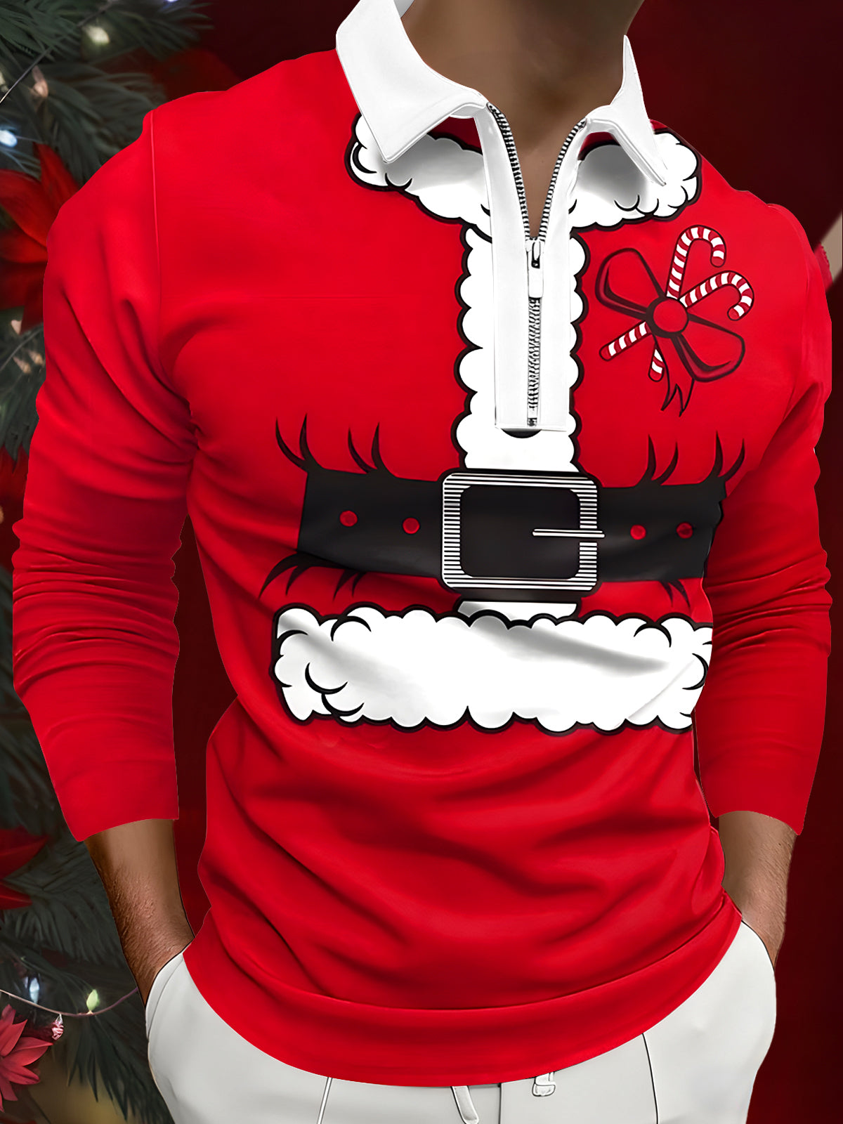 Christmas Funny Costume Men's Long Sleeve Zipper Polo