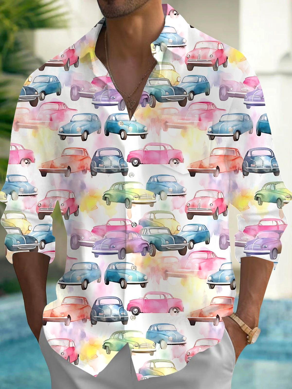 Car Print Men's Pocket Long Sleeve Shirts