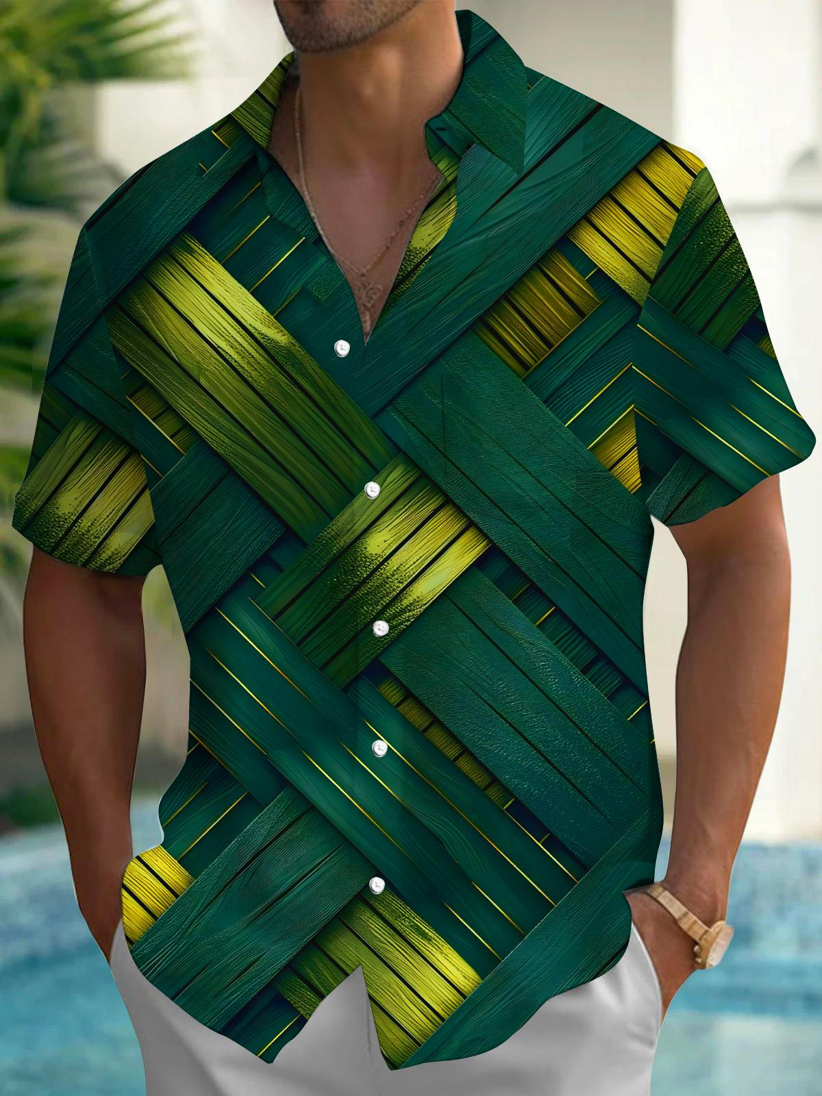 Woven Bamboo Rattan Men's Pocket Short Sleeve Shirts