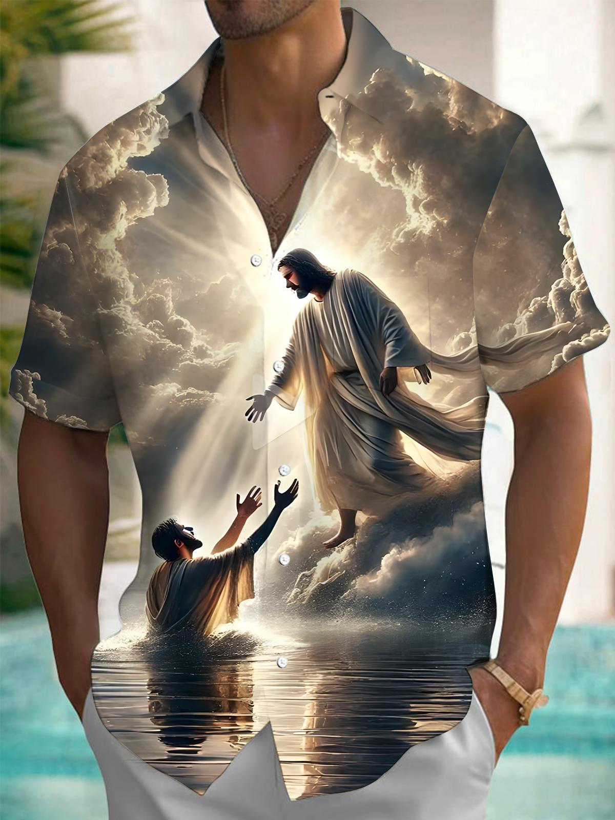 Jesus Print Men's Pocket Short Sleeve Shirts