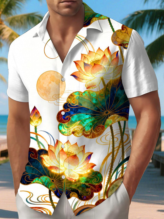 Men's Gilded Lotus Floral Short Sleeve Pocket Shirt Front View