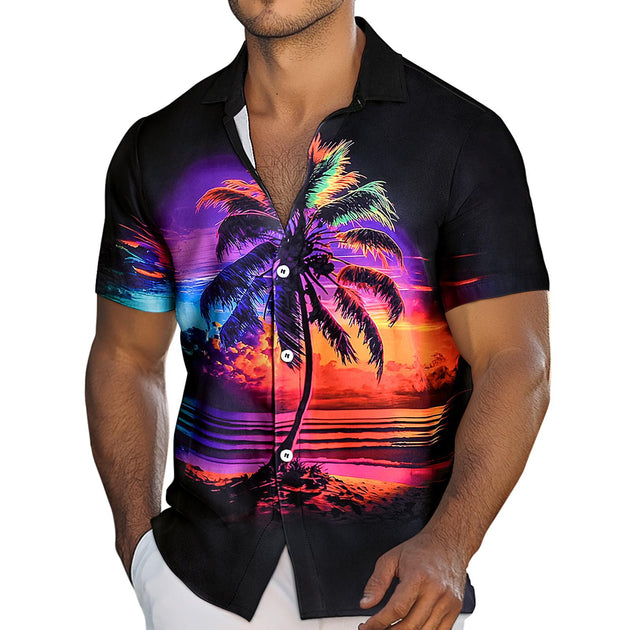 Mens Hawaiian Shirts Palm Tree Sunset Casual Shirts Short Sleeve
