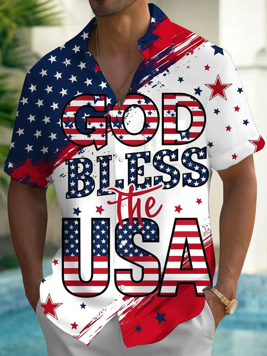 Men's American flag print short sleeve shirt front view for Independence Day