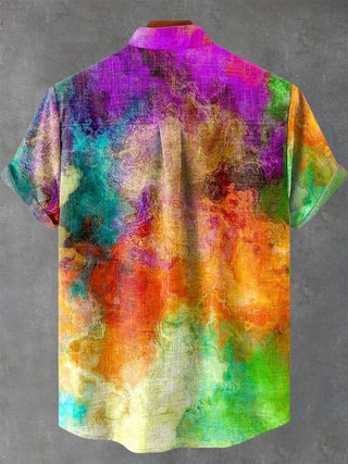 Men's abstract print short sleeve stand collar shirt back view