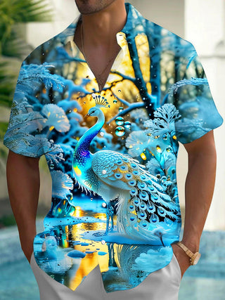 men's short sleeve shirt front view with peacock pattern