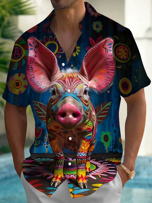 Men's graffiti pig print pocket short sleeve shirt front view