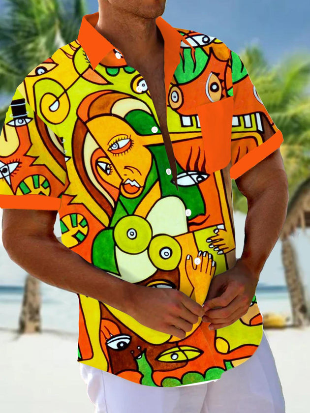 Men's abstract art pocket short sleeve shirt front view