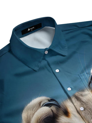 men's feline print shirt side view