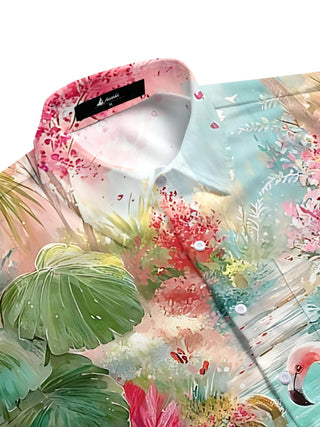 Men's short sleeve shirt with flamingo plant print, side view