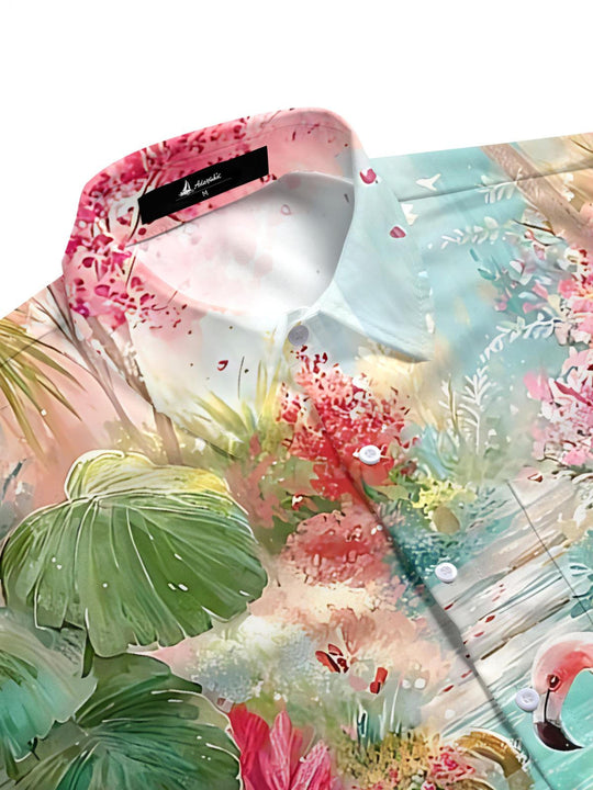 Men's short sleeve shirt with flamingo plant print, side view