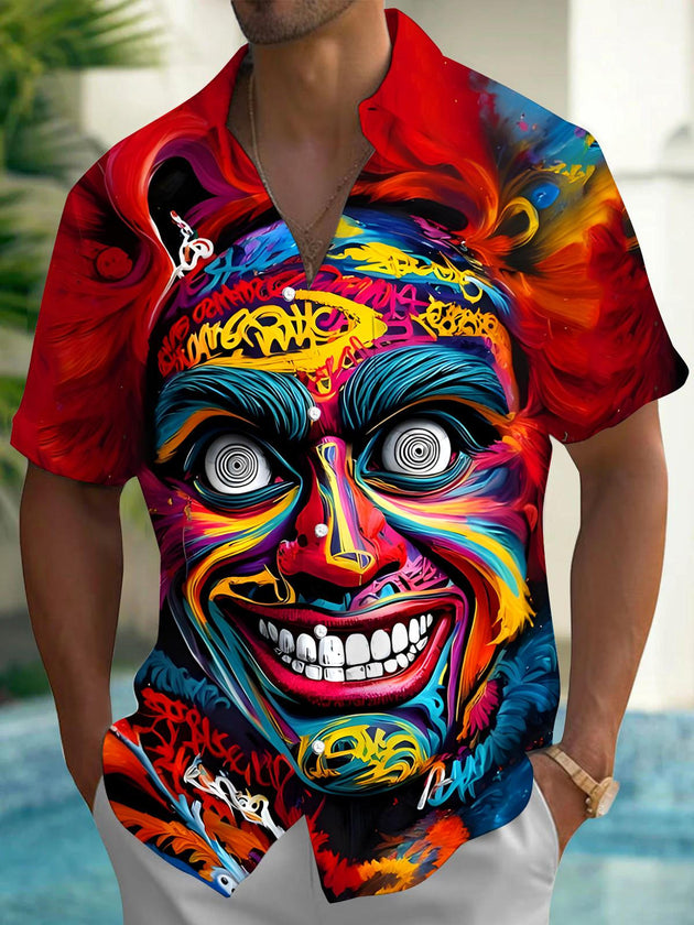 Men's multicolor funny joker pocket short sleeve shirt front view