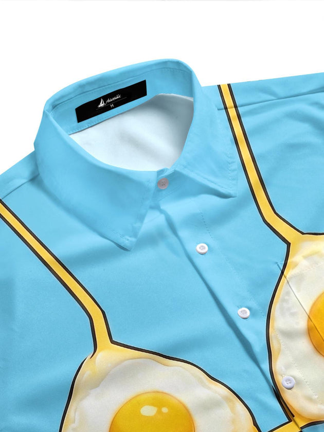 Funny Fried Egg Pizza Print Men's Pocket Short Sleeve Shirts