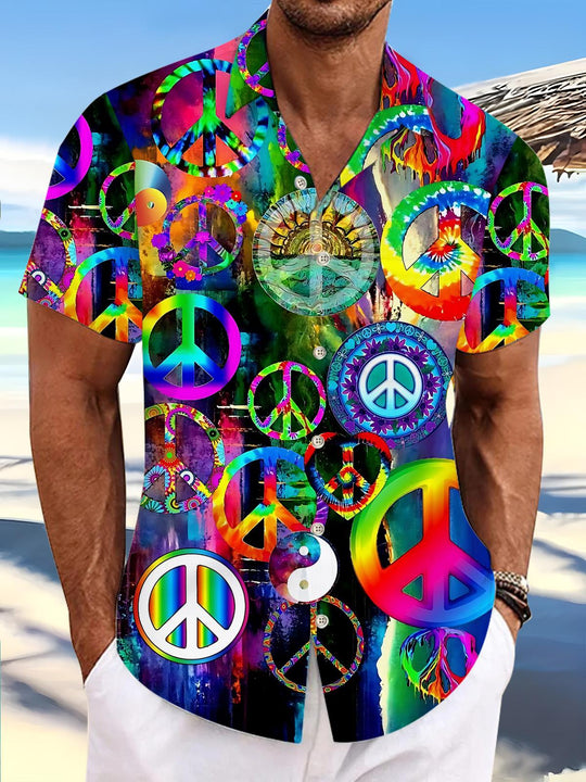 Hippie Peace Logo Print Men's Pocket Short Sleeve Shirts