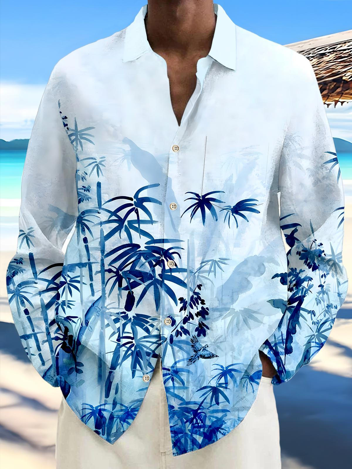 Bamboo Leaf Men's Pocket Long Sleeve Shirts