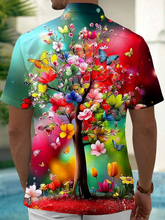 Men's short sleeve shirt back view with butterfly tree pattern