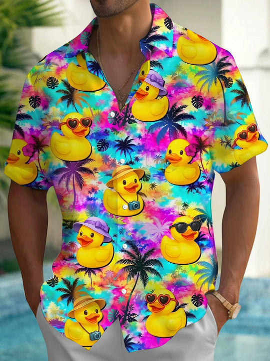 Colorful Tie Dye Funny Duck Hawaiian Print Men's Pocket Short Sleeve Shirts