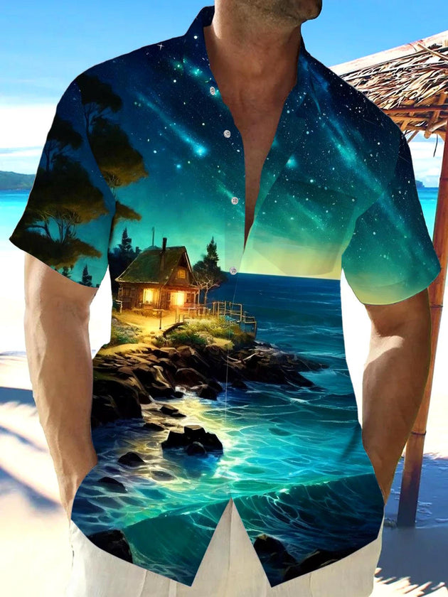 men's Hawaiian shirt front view tropical beach vacation