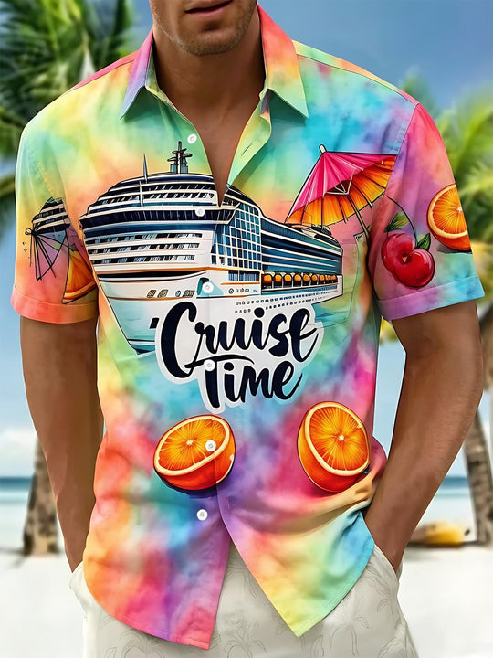 Hawaiian Cruise Vacation Fruit Colorful Tie-Dye Men's Pocket Short Sleeve Shirts