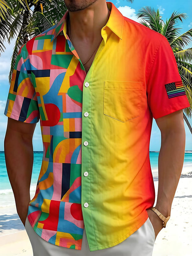 Pride Month Colorful Gradient Geometric Patchwork Men's Pocket Short Sleeve Shirts