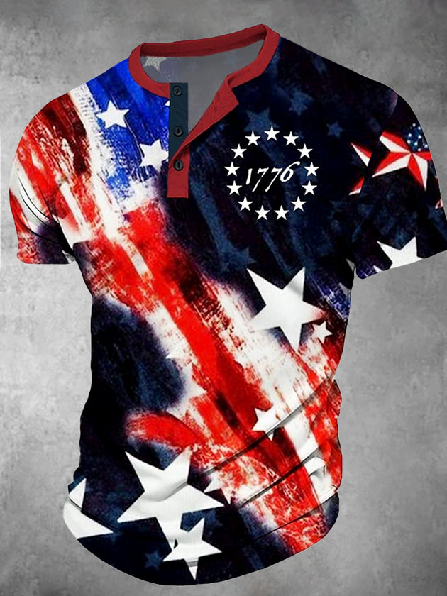 Men's American flag print short sleeve graphic t-shirt front view for Independence Day