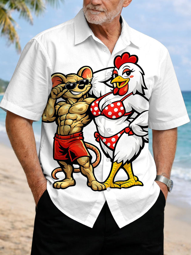 Funny Cartoon Mouse Chicken Print Men's Pocket Short Sleeve Shirts