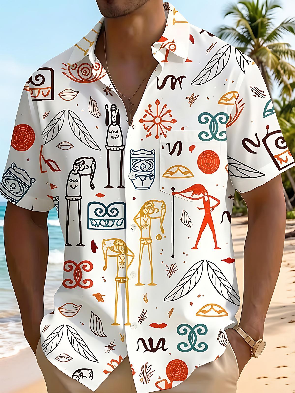 Fun Ethnic Totem Tribal Primitive Stick Figure Graffiti Beach Men's Pocket Short Sleeve Shirts
