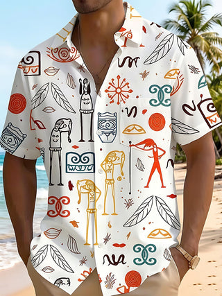Fun Ethnic Totem Tribal Primitive Stick Figure Graffiti Beach Men's Pocket Short Sleeve Shirts