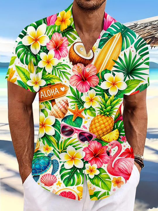 Hawaiian Plumeria Hibiscus Flamingo Tropical Men's Pocket Short Sleeve Shirts