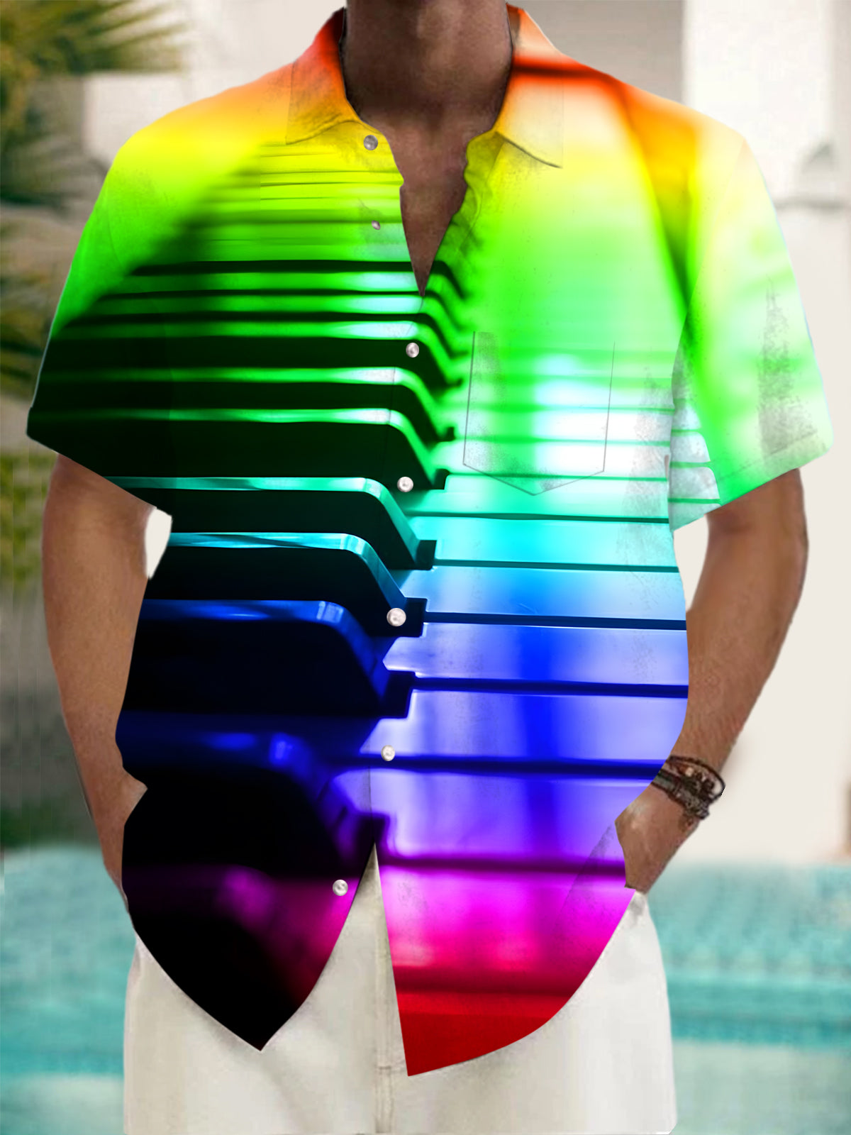 Rainbow Piano Print Men's Pocket Short Sleeve Shirts