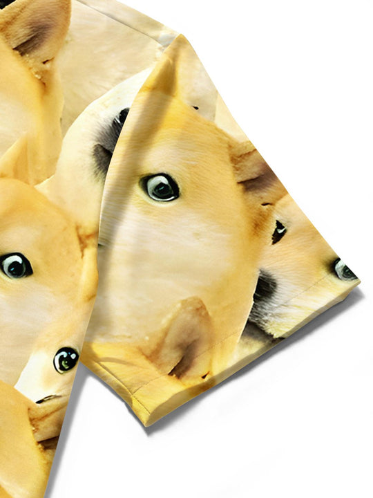 men's funny dog pattern short sleeve shirt close-up detail