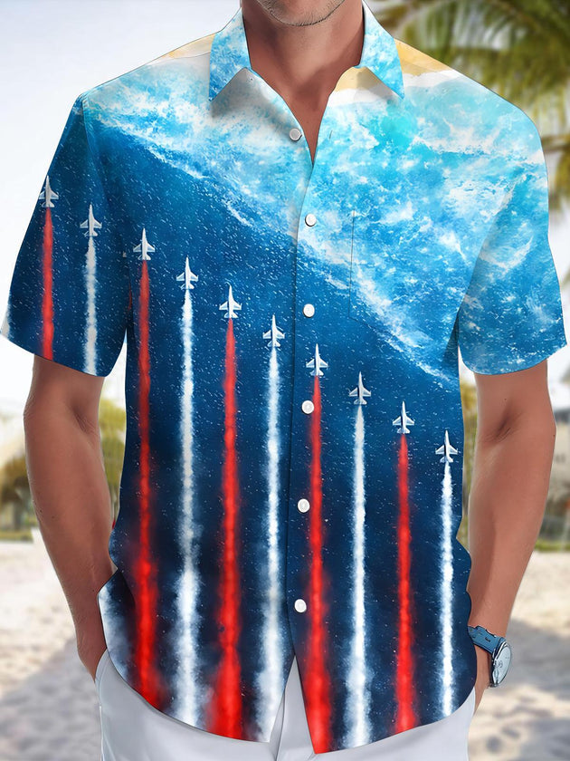 Men's American flag ocean print short sleeve shirt front view for Independence Day