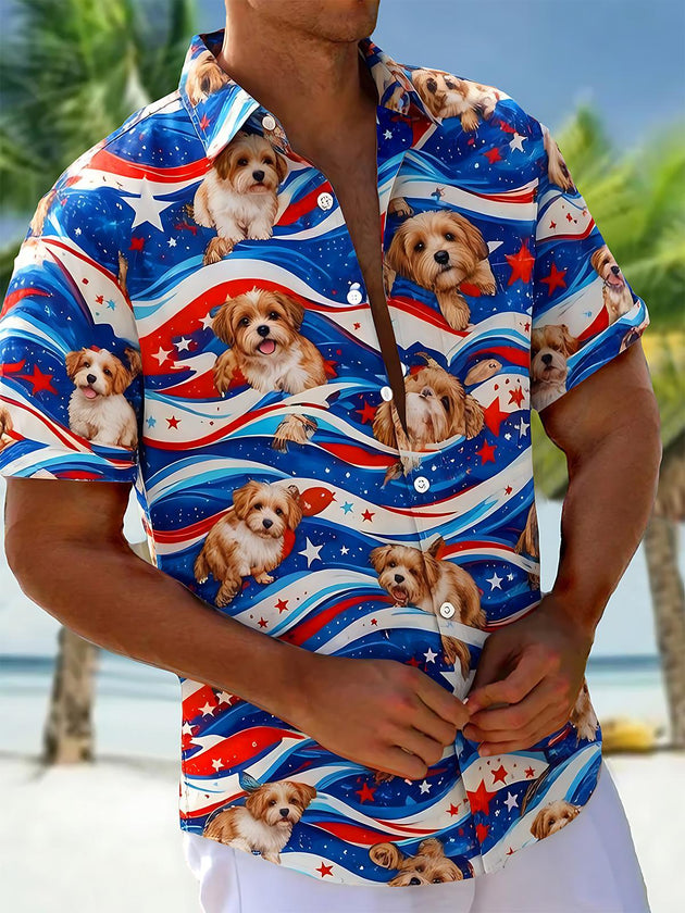 Fun Independence Day Star-Spangled Banner Puppies Men's Pocket Short Sleeve Shirts
