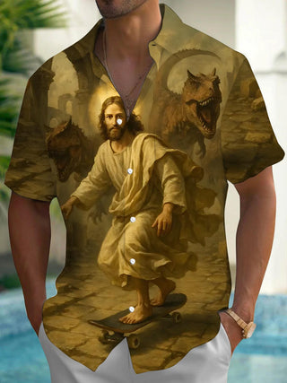 men's dinosaur print shirt front view