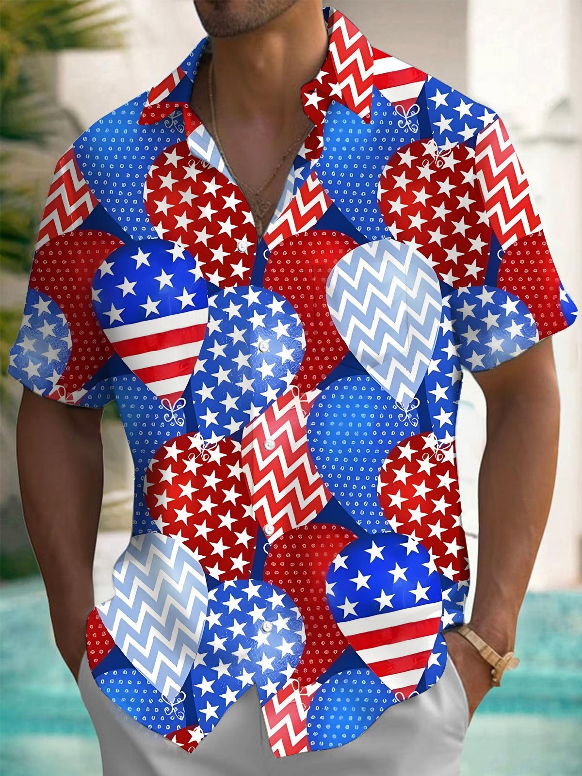 American Flag Balloon Print Men's Pocket Short Sleeve Shirts