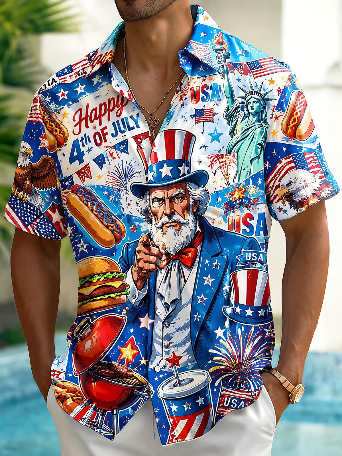 Fun Independence Day Uncle Sam USA Flag Firework Barbecue Men's Pocket Short Sleeve Shirts