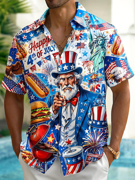 Fun Independence Day Uncle Sam USA Flag Firework Barbecue Men's Pocket Short Sleeve Shirts