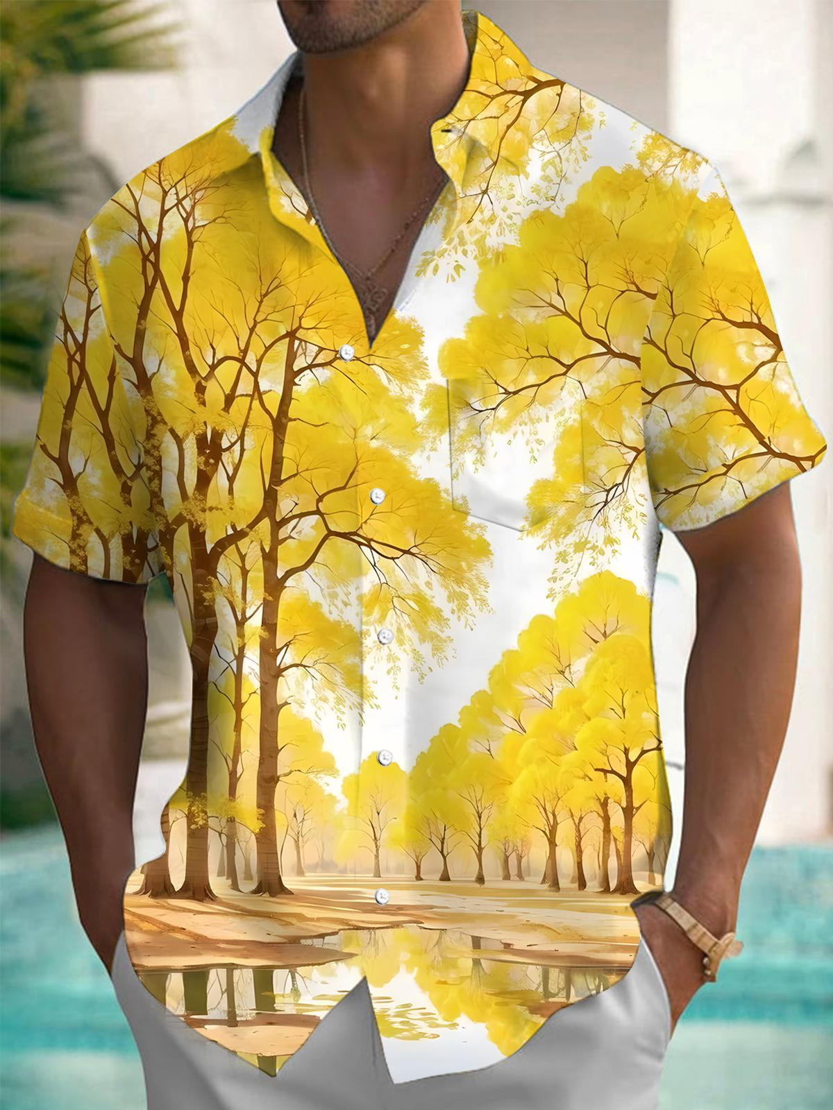 Yellow Forest Print Men's Pocket Short Sleeve Shirts