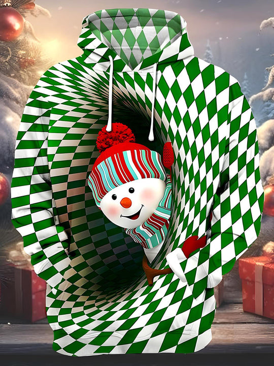 Men's snowman geometry graphic hoodie front view for Christmas holiday party